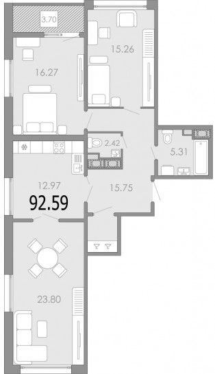 Трёхкомнатная квартира 92.59 м²