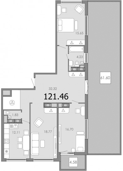 Трёхкомнатная квартира 121.46 м²