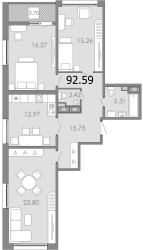 Трёхкомнатная квартира 92.59 м²